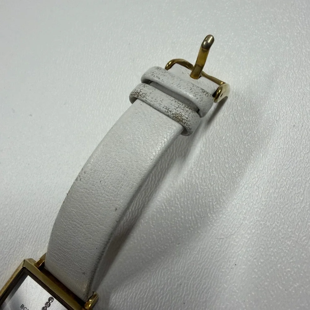 BCBGMAXAZRIA Womens Watch Gold Tone Rectangle Case White Leather BG50820002